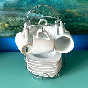IMUSA Espresso Coffee Set 6 3oz White Ceramic Cups & Saucers w/Chrome Caddy